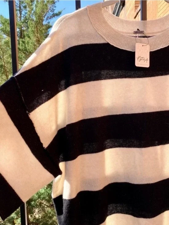 NWT Free People Harlow Cashmere Sweater Tee Black White Striped - Picture 3 of 11
